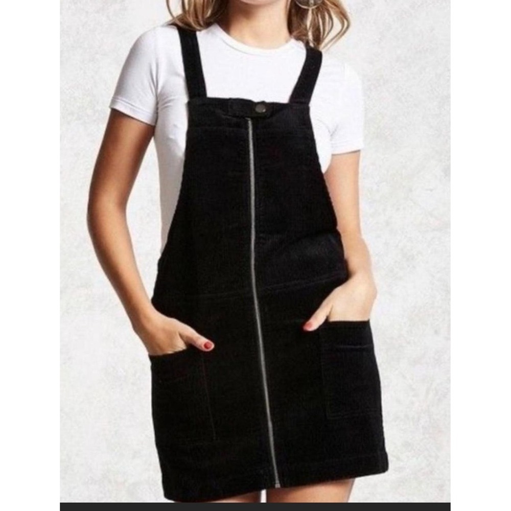 Forever 21 Black Corduroy Zip Front Pinafore Overall Dress Women Sz L Y2K Grunge